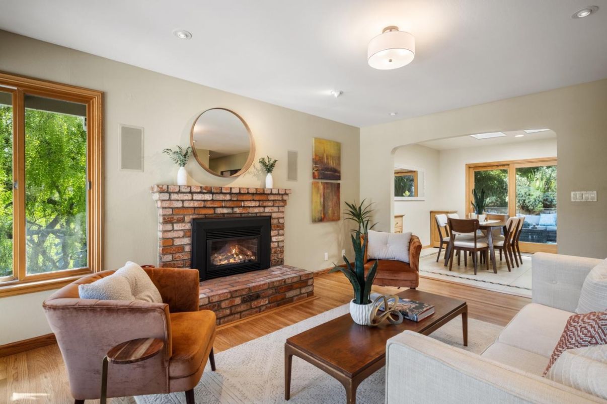 Dining room, Fireplace, Interior, Living room, Recessed Lighting, Wood Texture Flooring