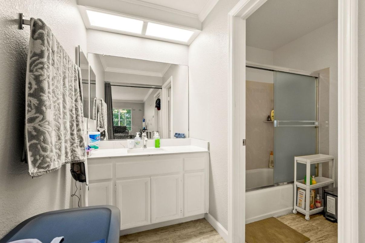 Bathroom, Glass Shower, Interior, Wood Texture Flooring