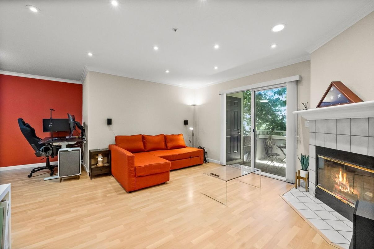 Fireplace, Home Office, Interior, Living room, Recessed Lighting, Wood Texture Flooring