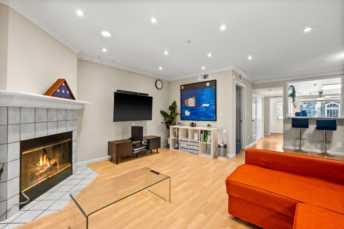 Fireplace, Interior, Living room, Recessed Lighting, Wood Texture Flooring