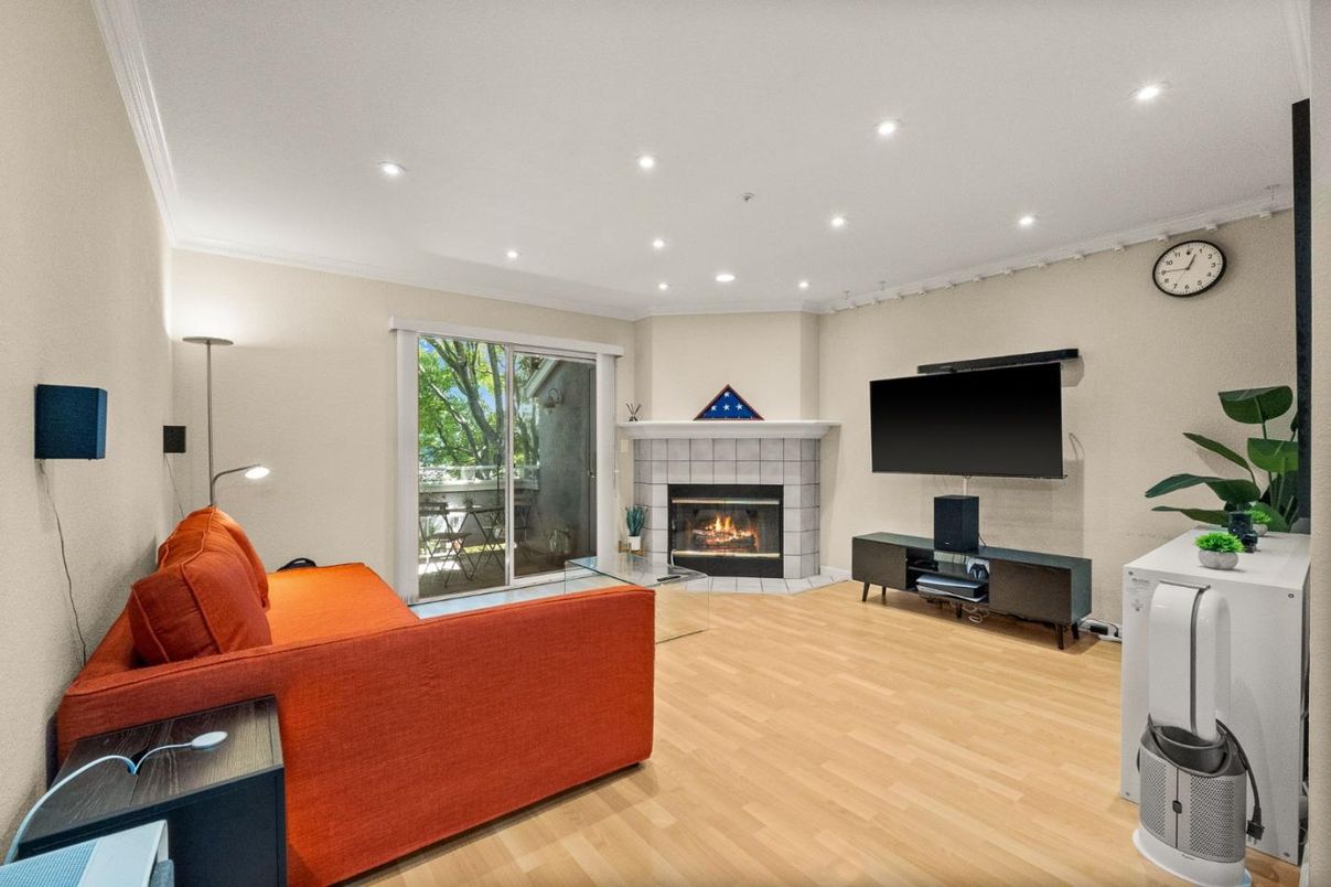 Fireplace, Interior, Living room, Recessed Lighting, Wood Texture Flooring