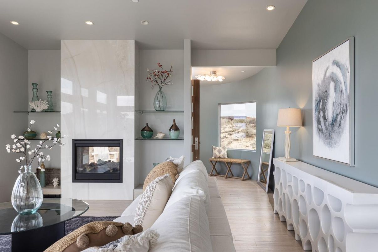 Fireplace, Interior, Living room, Recessed Lighting, Wood Texture Flooring