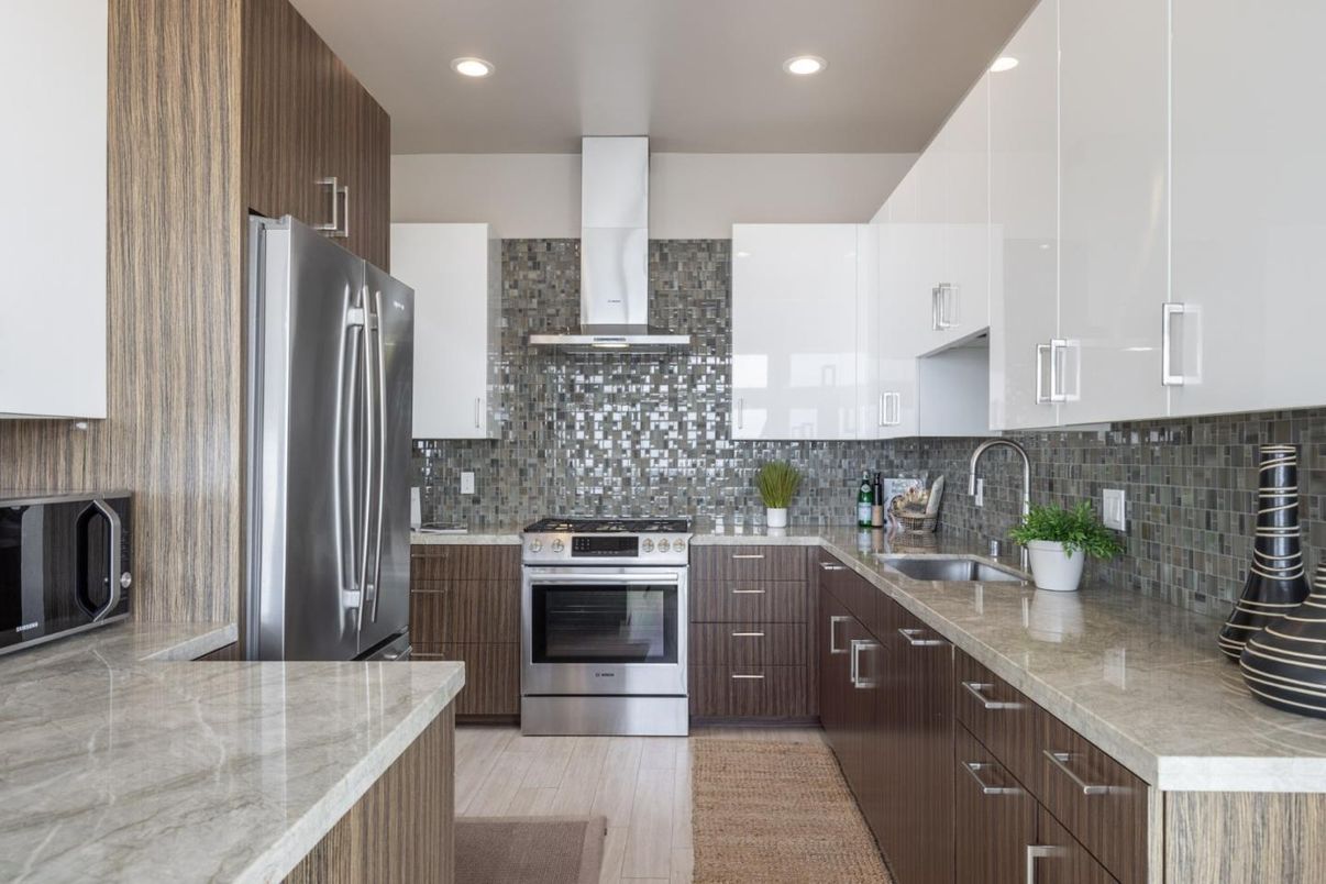 Interior, Kitchen, Recessed Lighting, Stainless Steel Appliances, Wood Texture Flooring