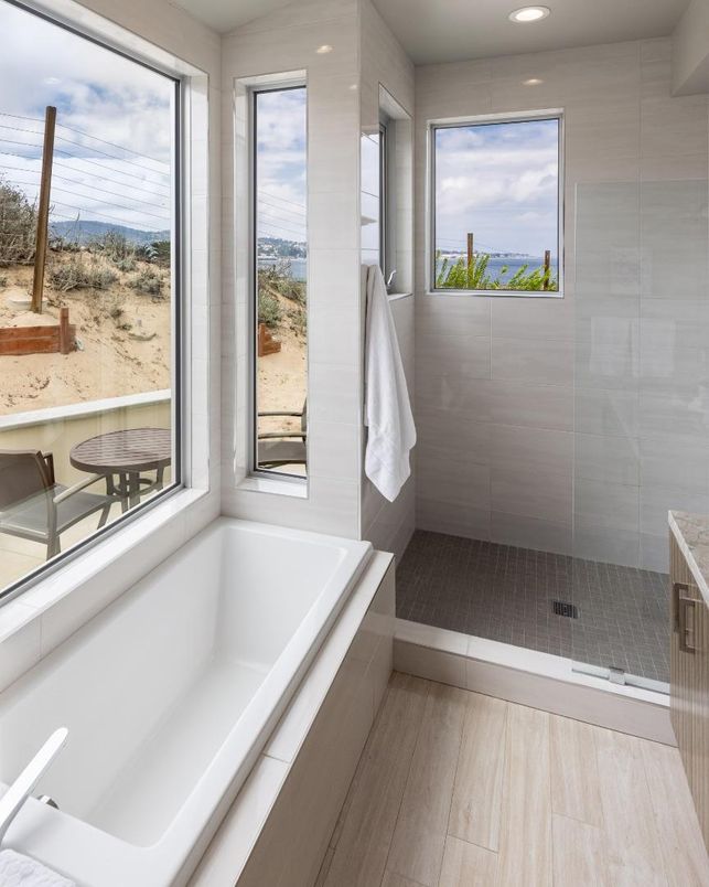 Bathroom, Glass Shower, Interior, Recessed Lighting, Wood Texture Flooring
