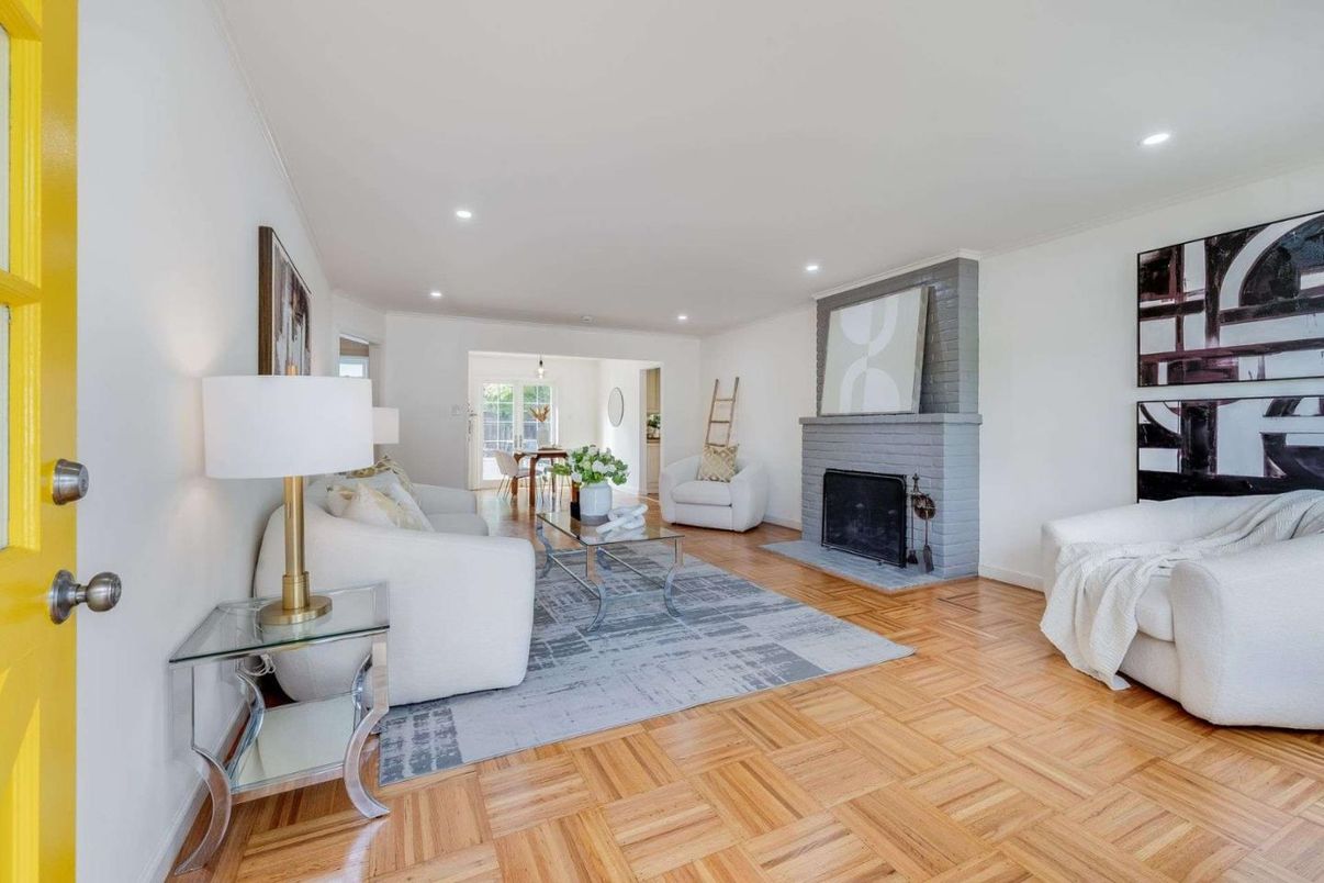 Fireplace, Interior, Living room, Recessed Lighting, Wood Texture Flooring