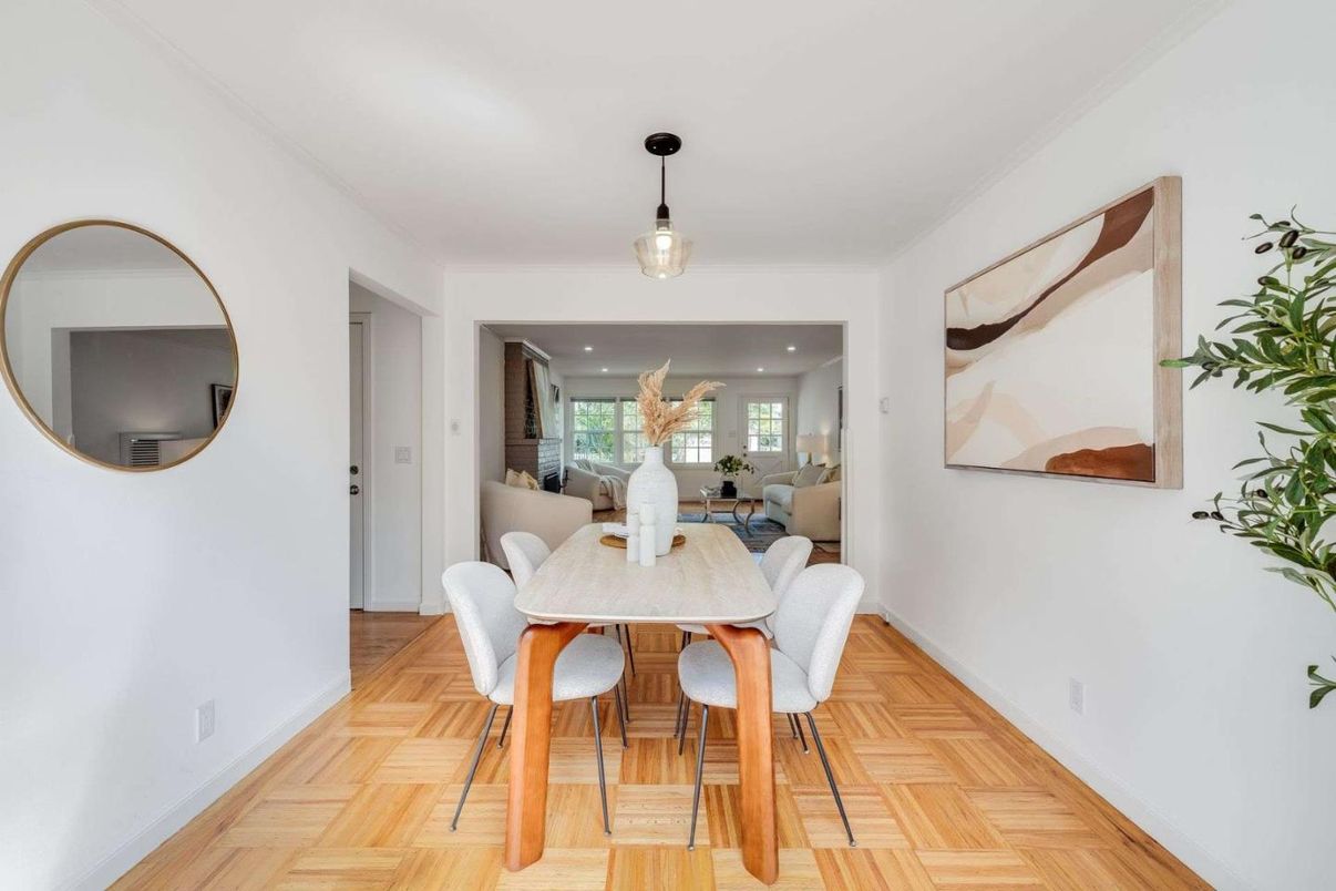 Dining room, Interior, Pendant Lights, Recessed Lighting, Wood Texture Flooring