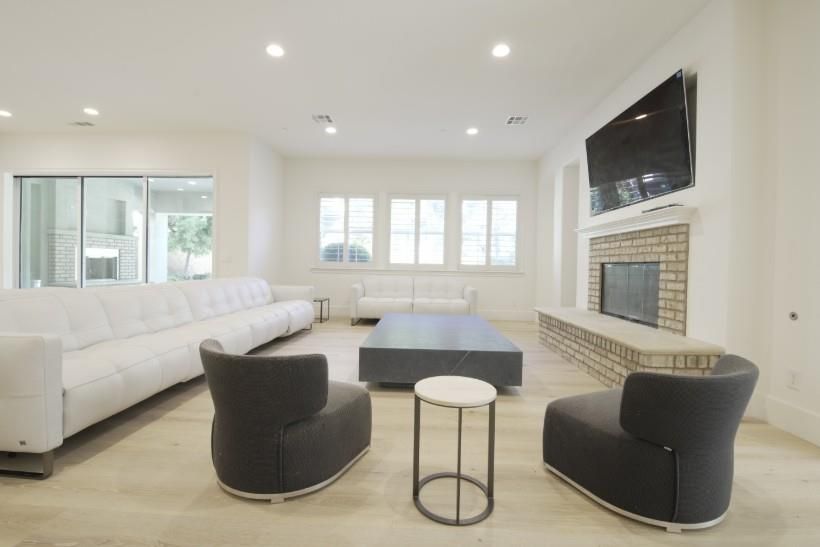 Fireplace, Interior, Living room, Recessed Lighting, Wood Texture Flooring