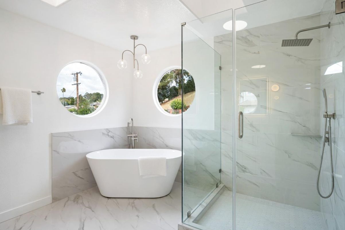 Bathroom, Free Standing Baths, Glass Shower, Interior, Marble, Marble Walls, Pendant Lights
