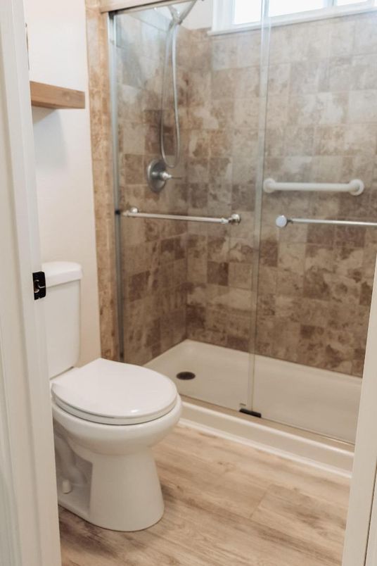 Bathroom, Glass Shower, Interior, Wood Texture Flooring