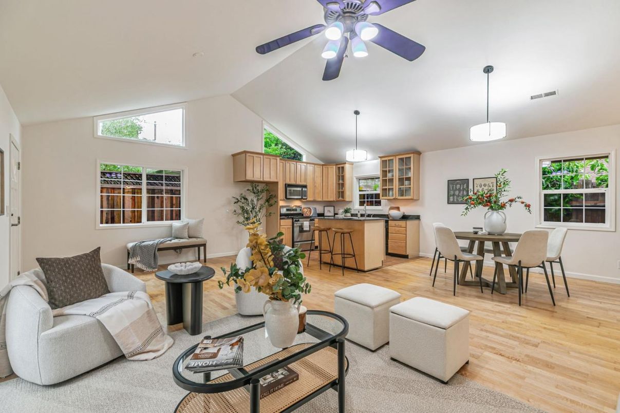 Dining room, Interior, Kitchen, Living room, Pendant Lights, Stainless Steel Appliances, Wood Texture Flooring