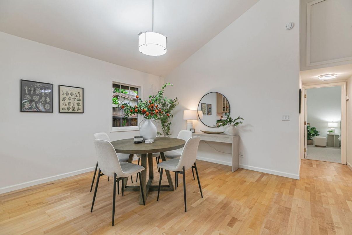Dining room, Interior, Pendant Lights, Wood Texture Flooring