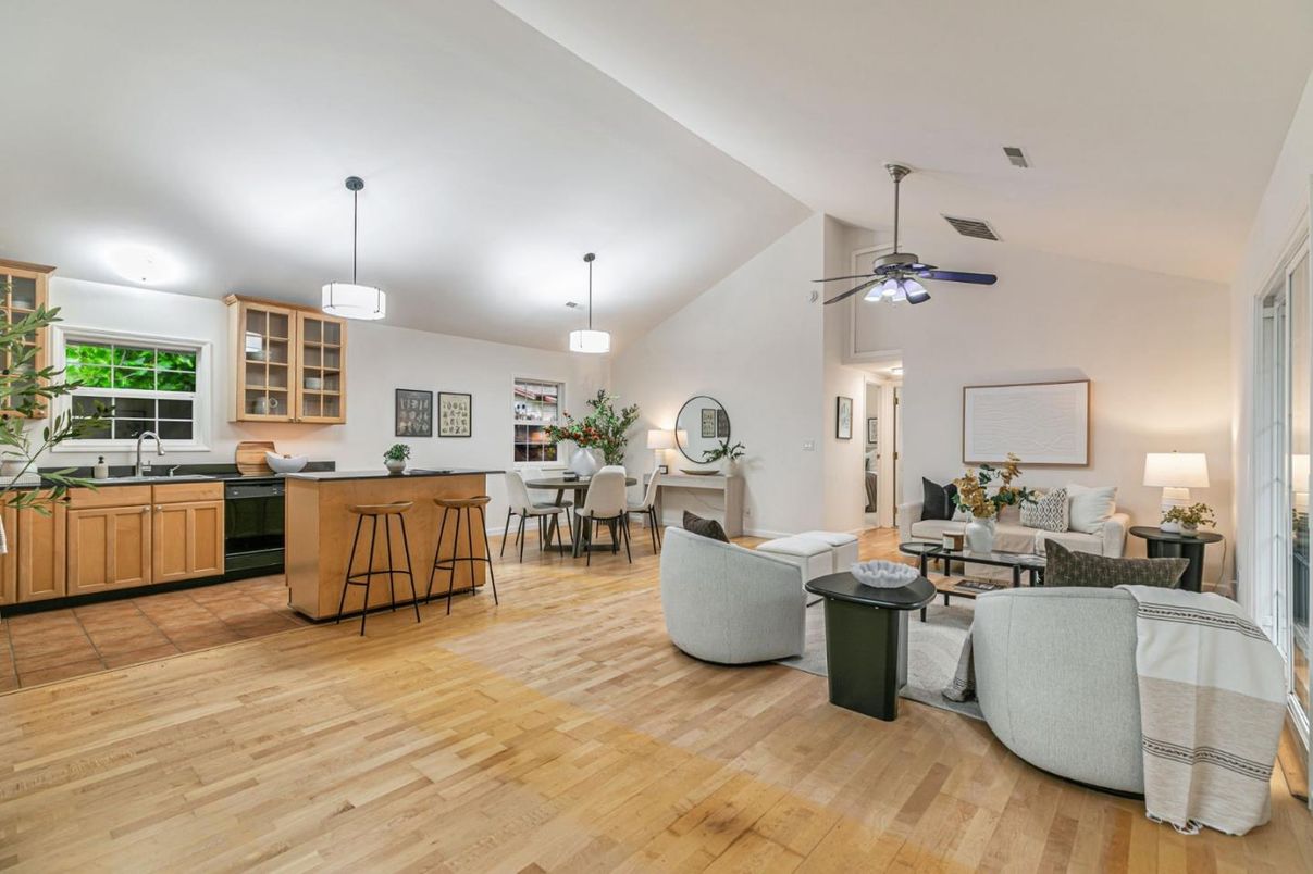 Dining room, Interior, Kitchen, Living room, Pendant Lights, Wood Texture Flooring