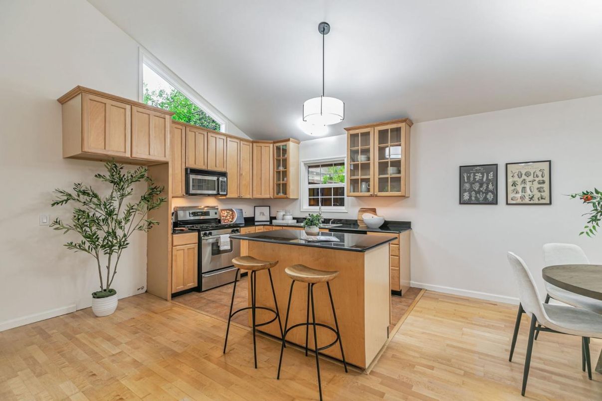 Interior, Kitchen, Pendant Lights, Stainless Steel Appliances, Wood Texture Flooring
