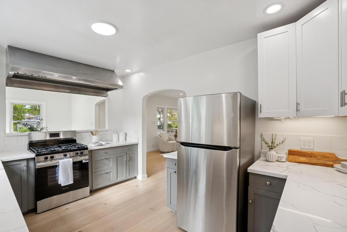 Interior, Kitchen, Recessed Lighting, Stainless Steel Appliances, Wood Texture Flooring