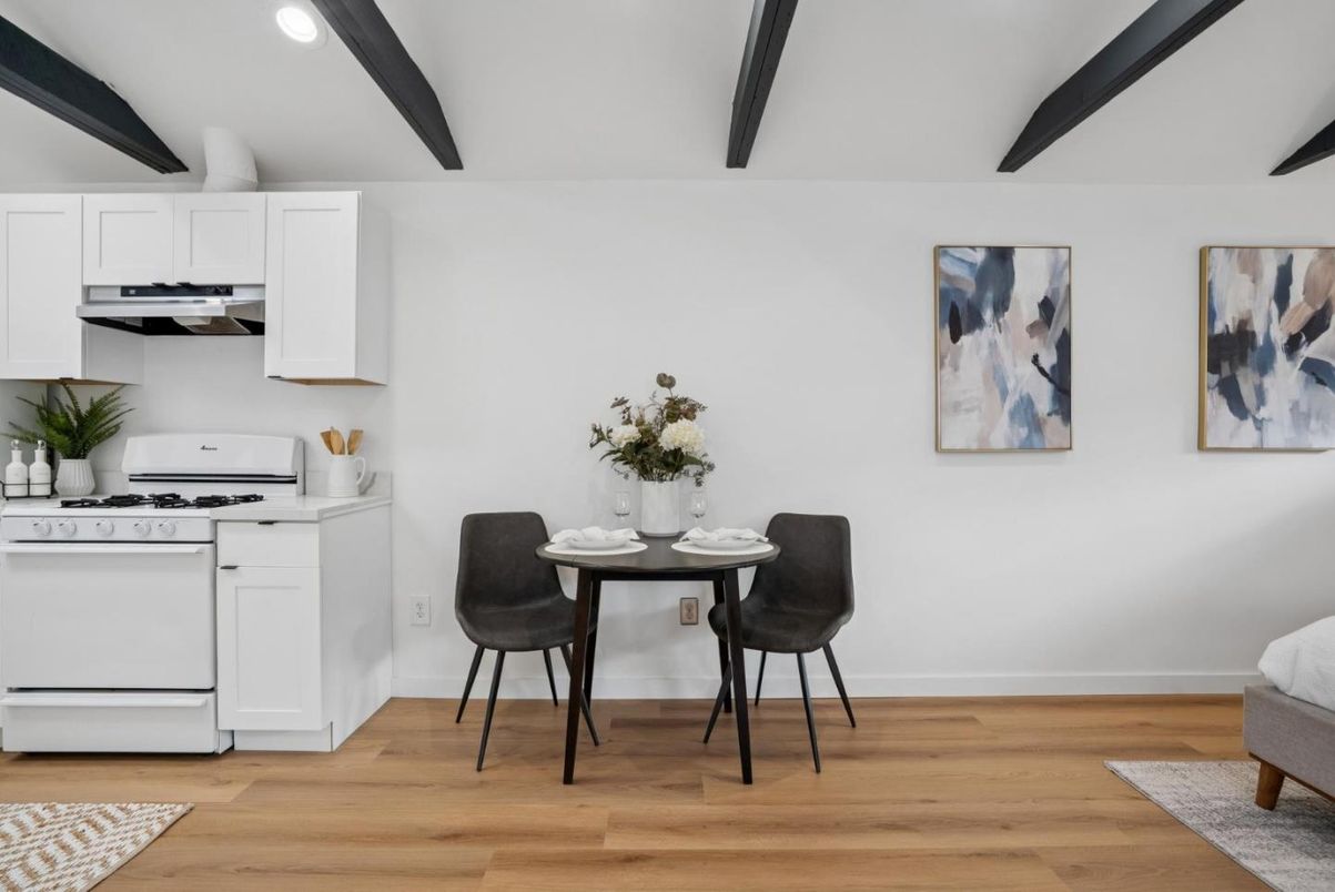 Dining room, Interior, Kitchen, Recessed Lighting, Wooden Beams, Wood Texture Flooring