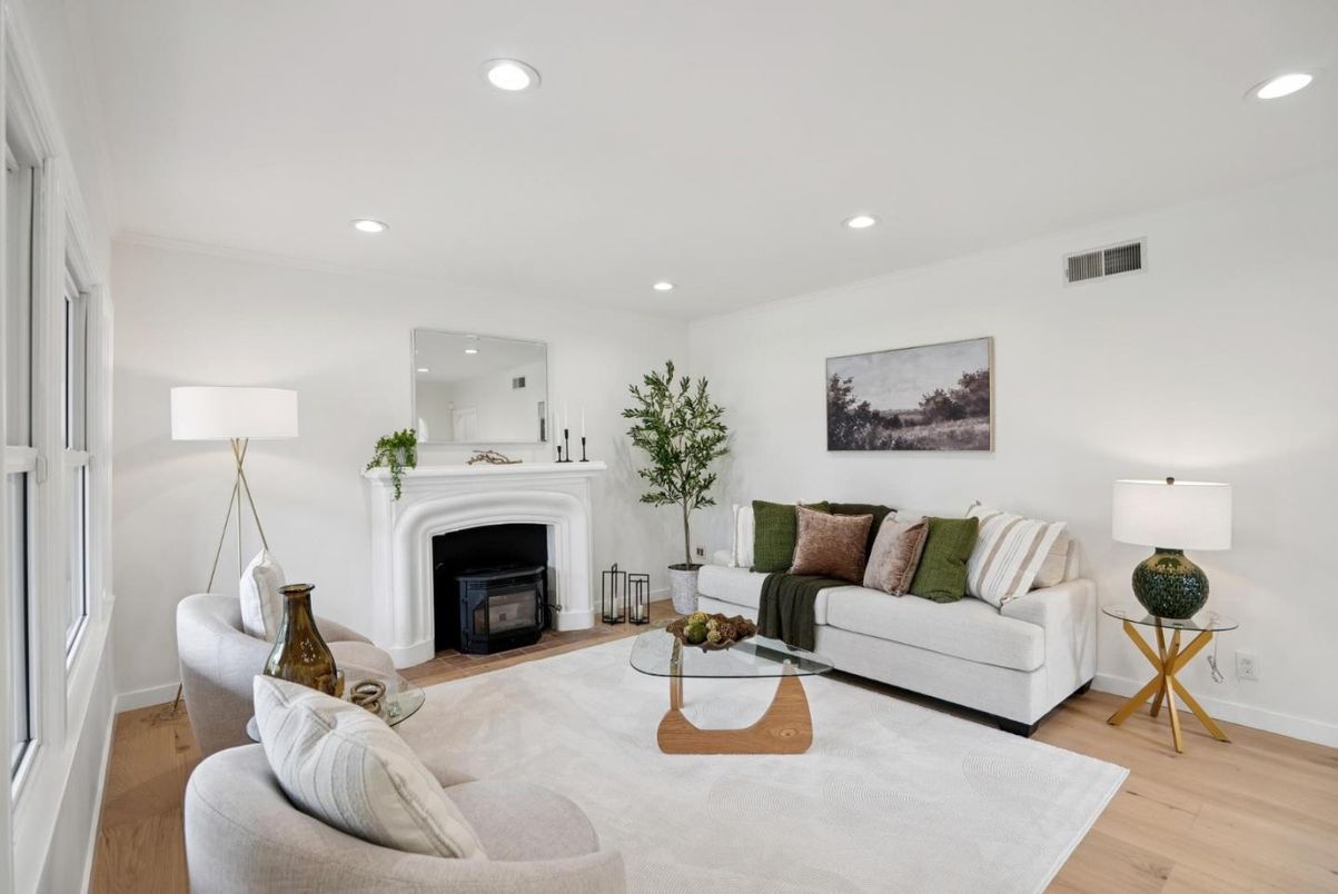 Fireplace, Interior, Living room, Recessed Lighting, Wood Texture Flooring