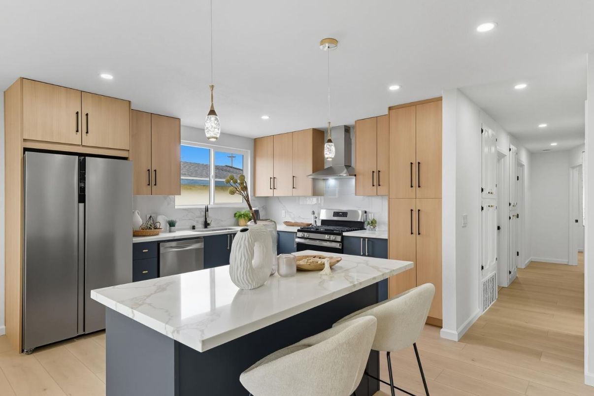 Interior, Kitchen, Pendant Lights, Recessed Lighting, Stainless Steel Appliances, Wood Texture Flooring