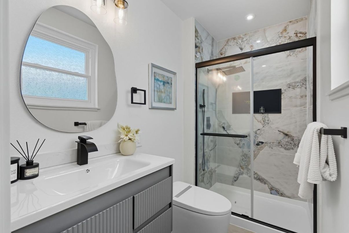Bathroom, Glass Shower, Interior, Marble Walls, Recessed Lighting