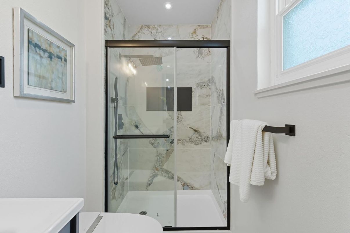Bathroom, Glass Shower, Interior, Marble Walls, Recessed Lighting