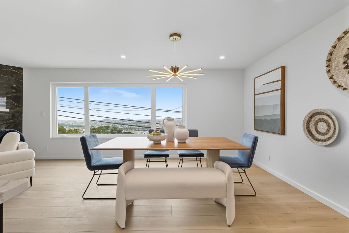 Dining room, Interior, Pendant Lights, Recessed Lighting, Wood Texture Flooring