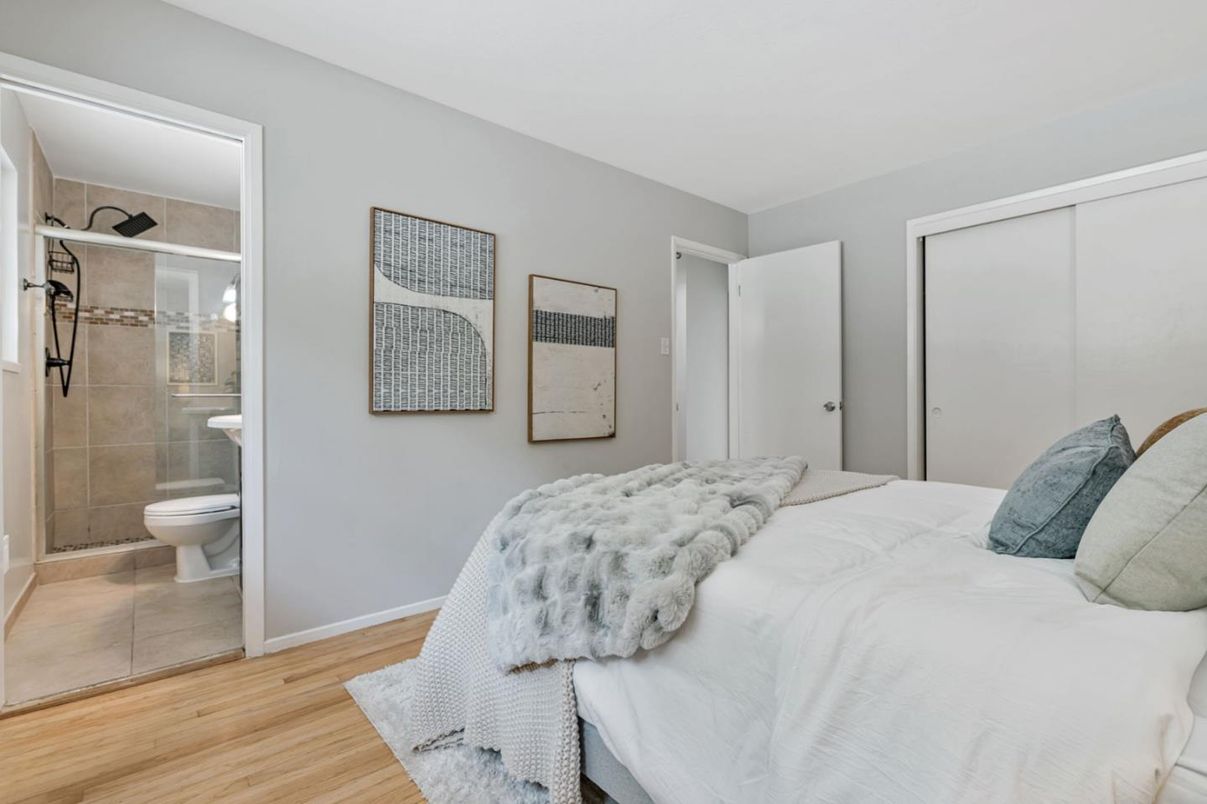 Bathroom, Bedroom, Glass Shower, Interior, Wood Texture Flooring