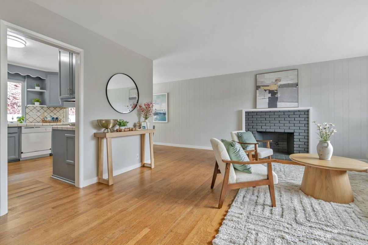 Fireplace, Interior, Kitchen, Tile Countertops, Wood Texture Flooring