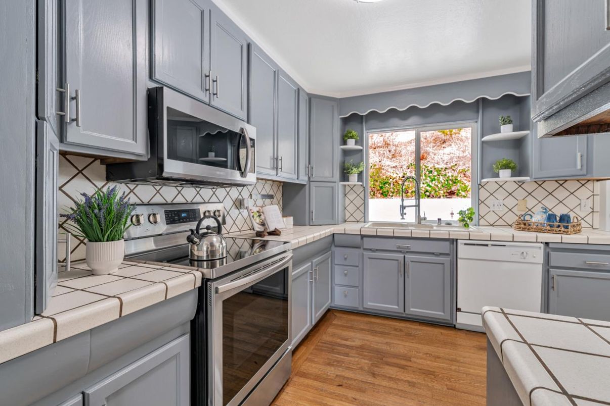 Interior, Kitchen, Tile Countertops, Wood Texture Flooring