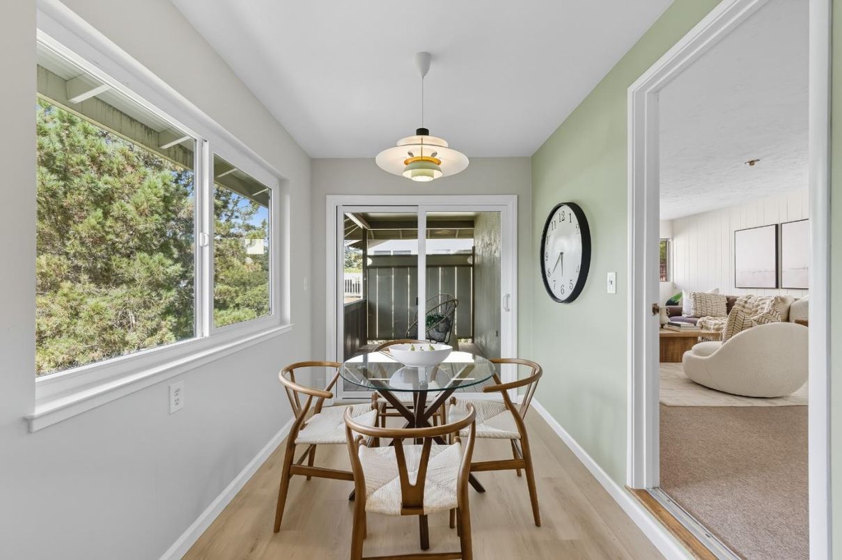 Dining room, Interior, Pendant Lights, Wood Texture Flooring