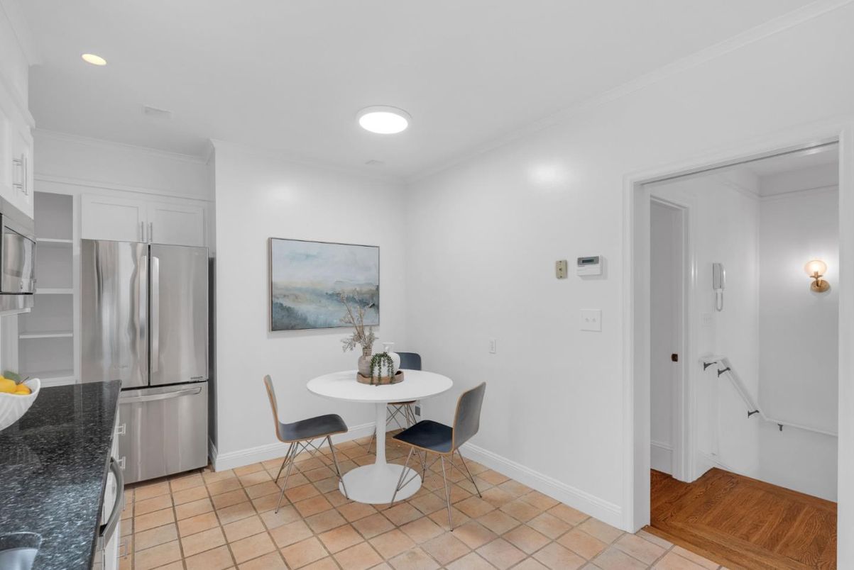 Dining room, Interior, Kitchen, Recessed Lighting, Stainless Steel Appliances, Wood Texture Flooring