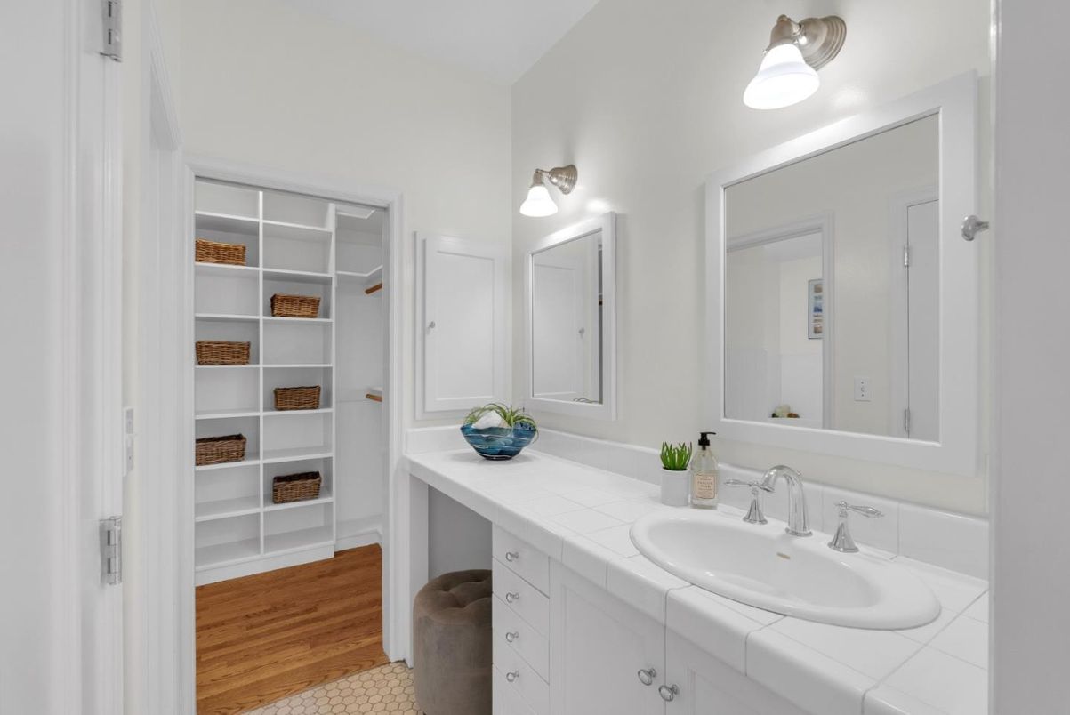 Bathroom, Dual Sink Vanities, Interior, Tile Countertops, Wood Texture Flooring