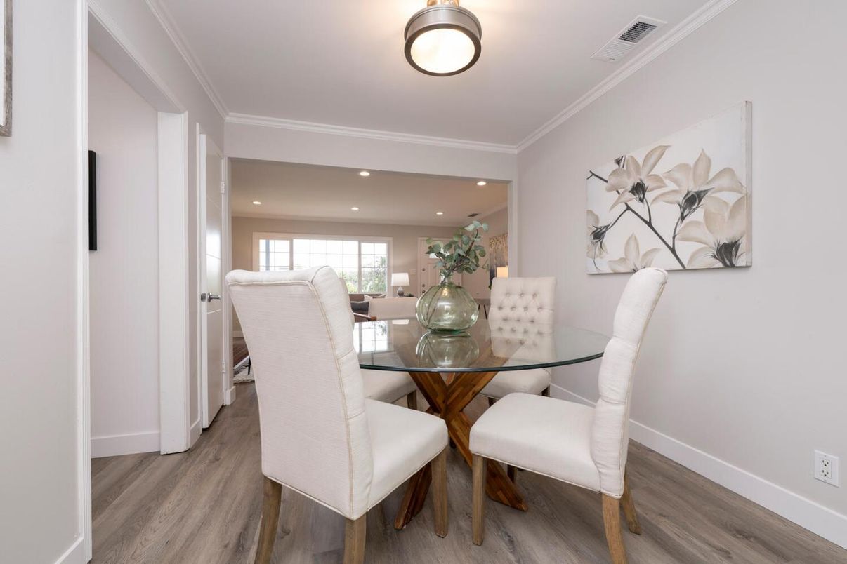 Dining room, Interior, Recessed Lighting, Wood Texture Flooring