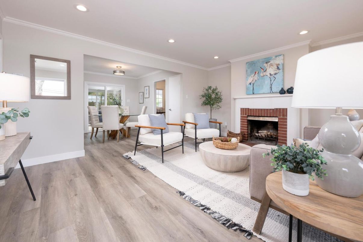 Dining room, Fireplace, Interior, Living room, Recessed Lighting, Wood Texture Flooring