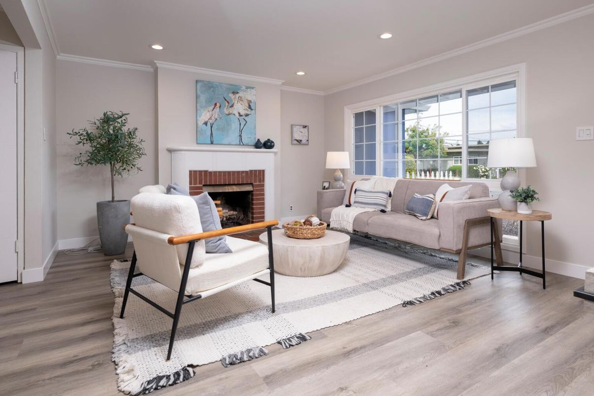 Fireplace, Interior, Living room, Recessed Lighting, Wood Texture Flooring