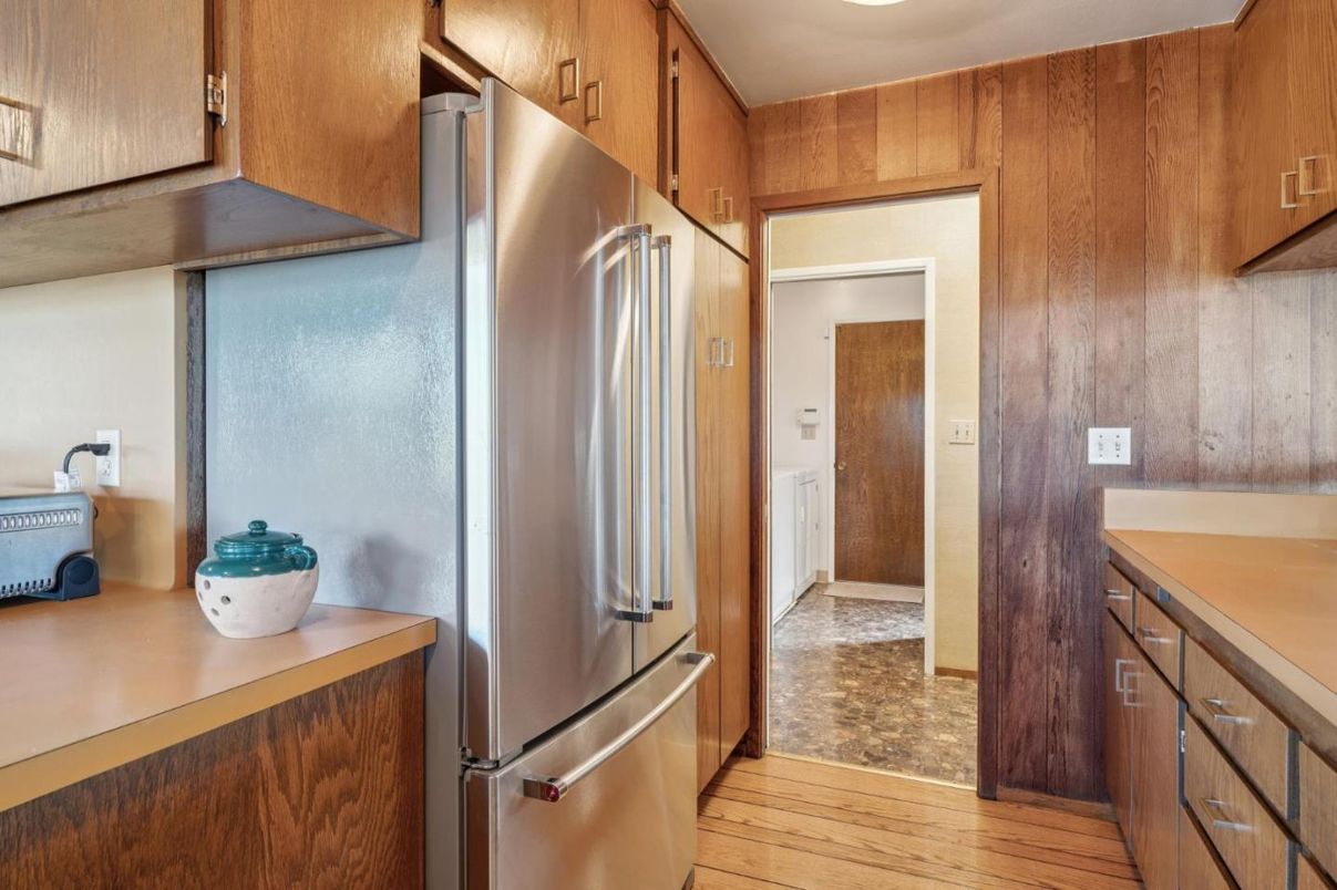 Interior, Kitchen, Stainless Steel Appliances, Wood Texture Flooring, Wooden Walls