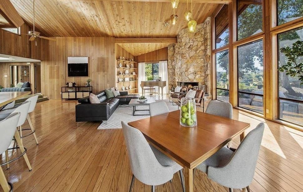 Dining room, Fireplace, Interior, Living room, Pendant Lights, Stone Walls, Wooden Ceilings, Wood Texture Flooring, Wooden Walls