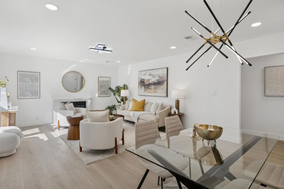 Dining room, Fireplace, Interior, Living room, Pendant Lights, Recessed Lighting, Wood Texture Flooring