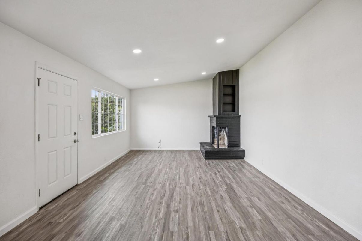 Empty room, Fireplace, Interior, Recessed Lighting, Wood Texture Flooring
