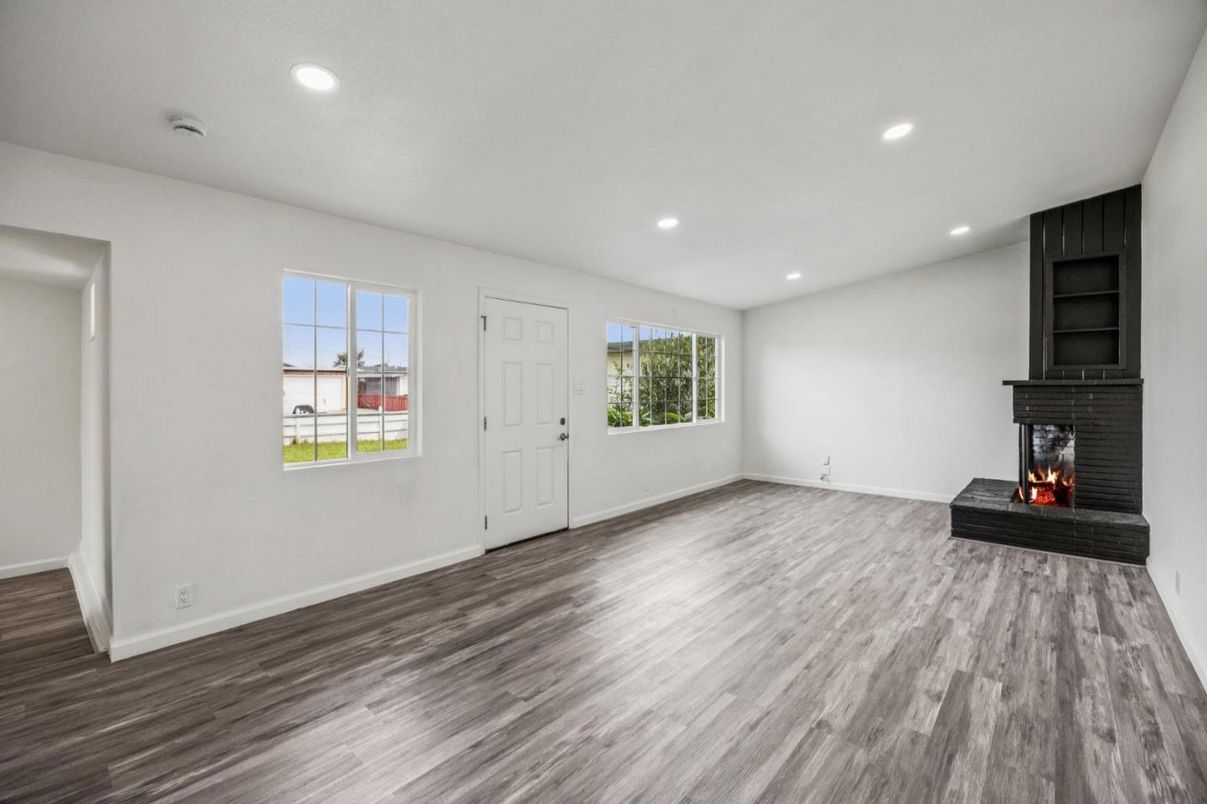 Empty room, Fireplace, Interior, Recessed Lighting, Wood Texture Flooring