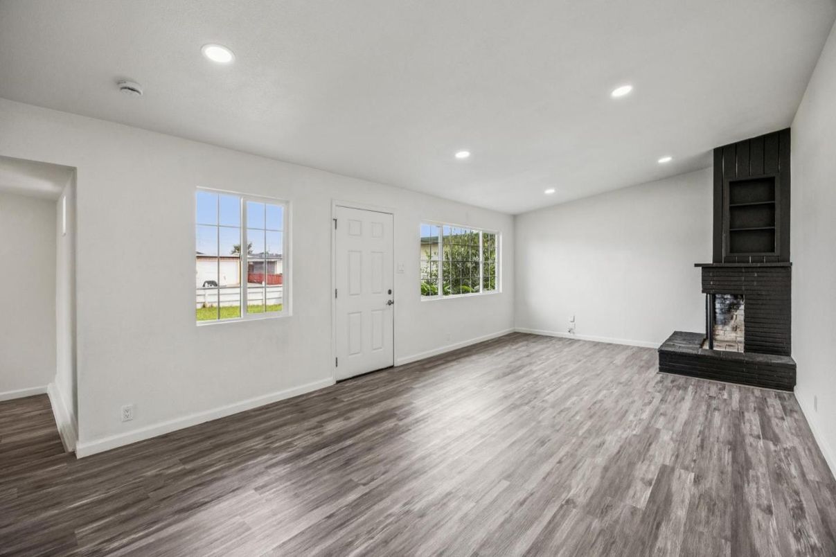 Empty room, Fireplace, Interior, Recessed Lighting, Wood Texture Flooring