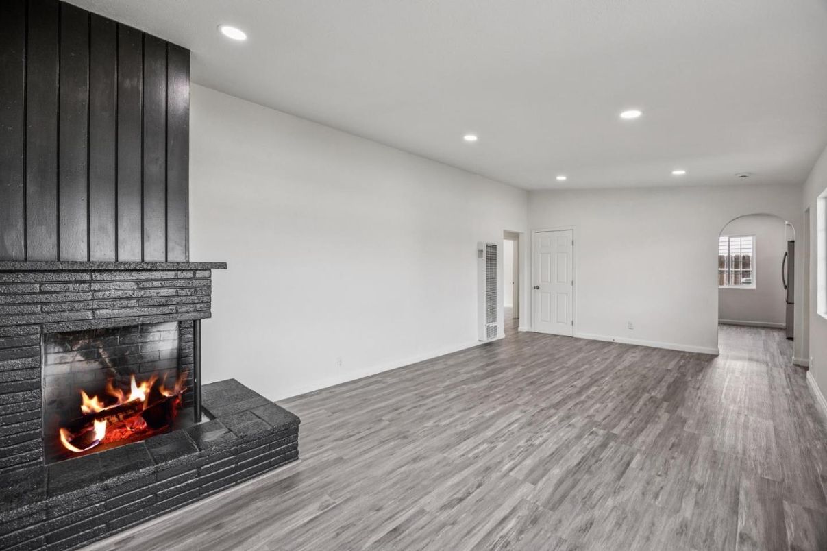 Empty room, Fireplace, Interior, Recessed Lighting, Wood Texture Flooring