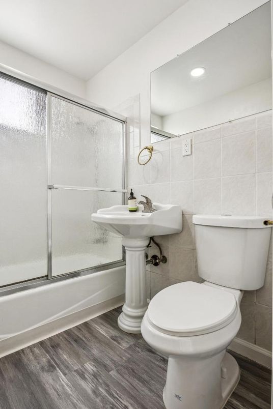 Bathroom, Glass Shower, Interior, Recessed Lighting, Wood Texture Flooring