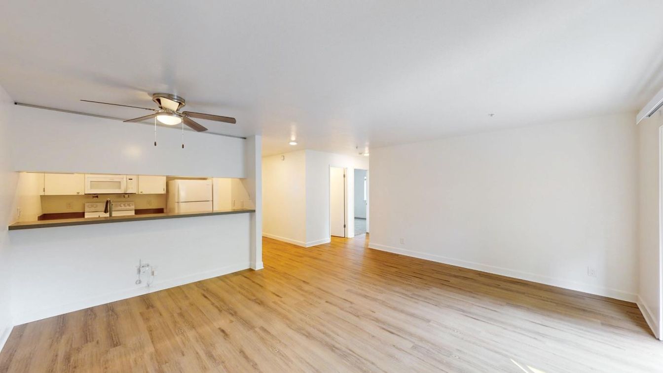 Empty room, Interior, Kitchen, Recessed Lighting, Wood Texture Flooring