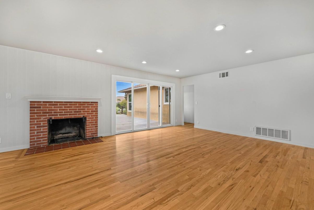 Empty room, Fireplace, Interior, Recessed Lighting, Wood Texture Flooring