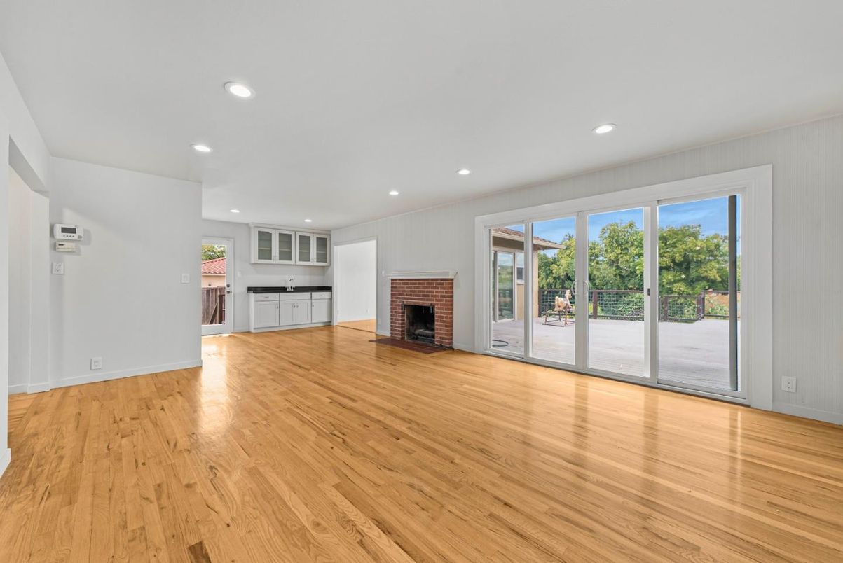 Empty room, Fireplace, Interior, Recessed Lighting, Wood Texture Flooring