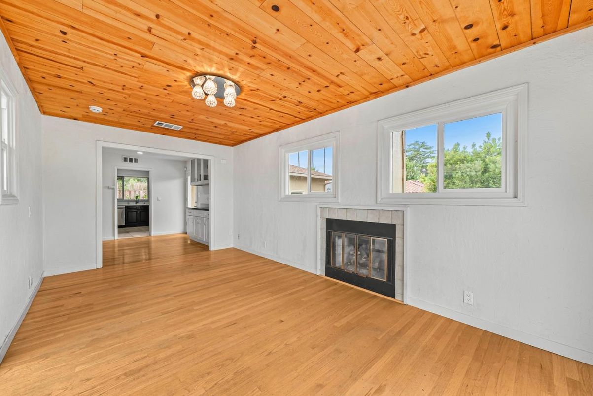 Empty room, Fireplace, Interior, Recessed Lighting, Wooden Ceilings, Wood Texture Flooring