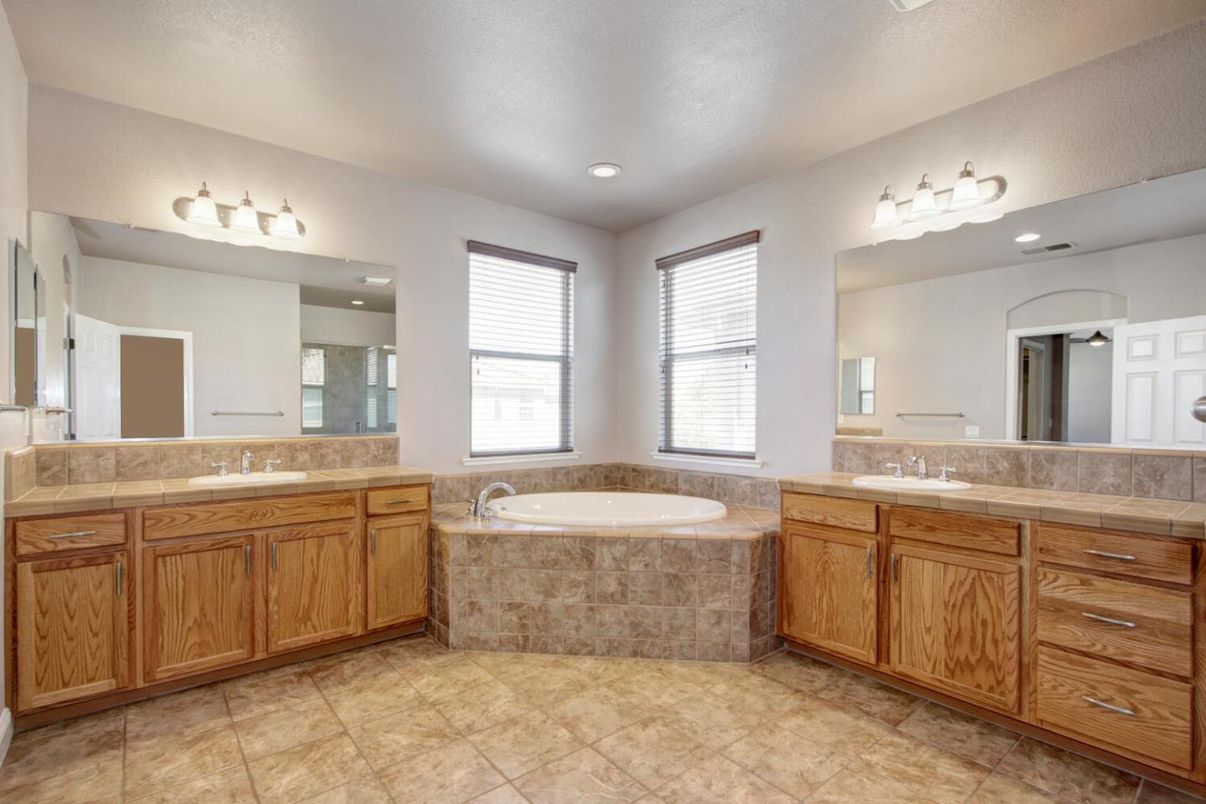Bathroom, Dual Sink Vanities, Interior, Recessed Lighting, Tile Countertops