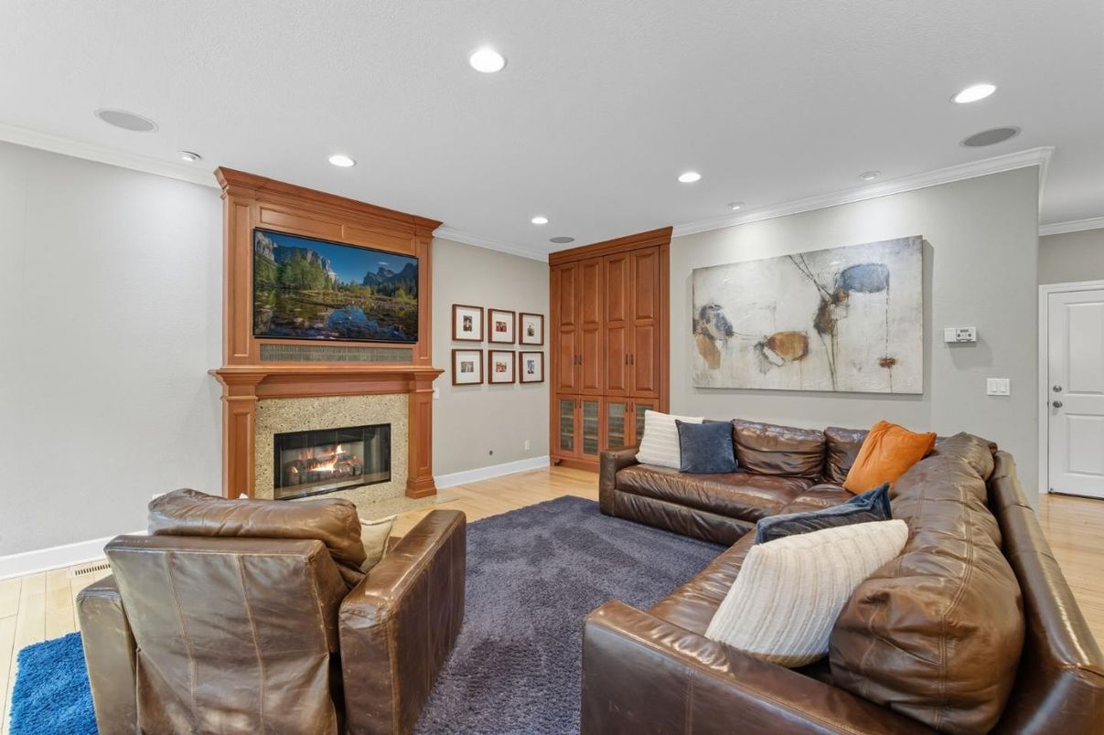 Fireplace, Interior, Living room, Recessed Lighting, Wood Texture Flooring