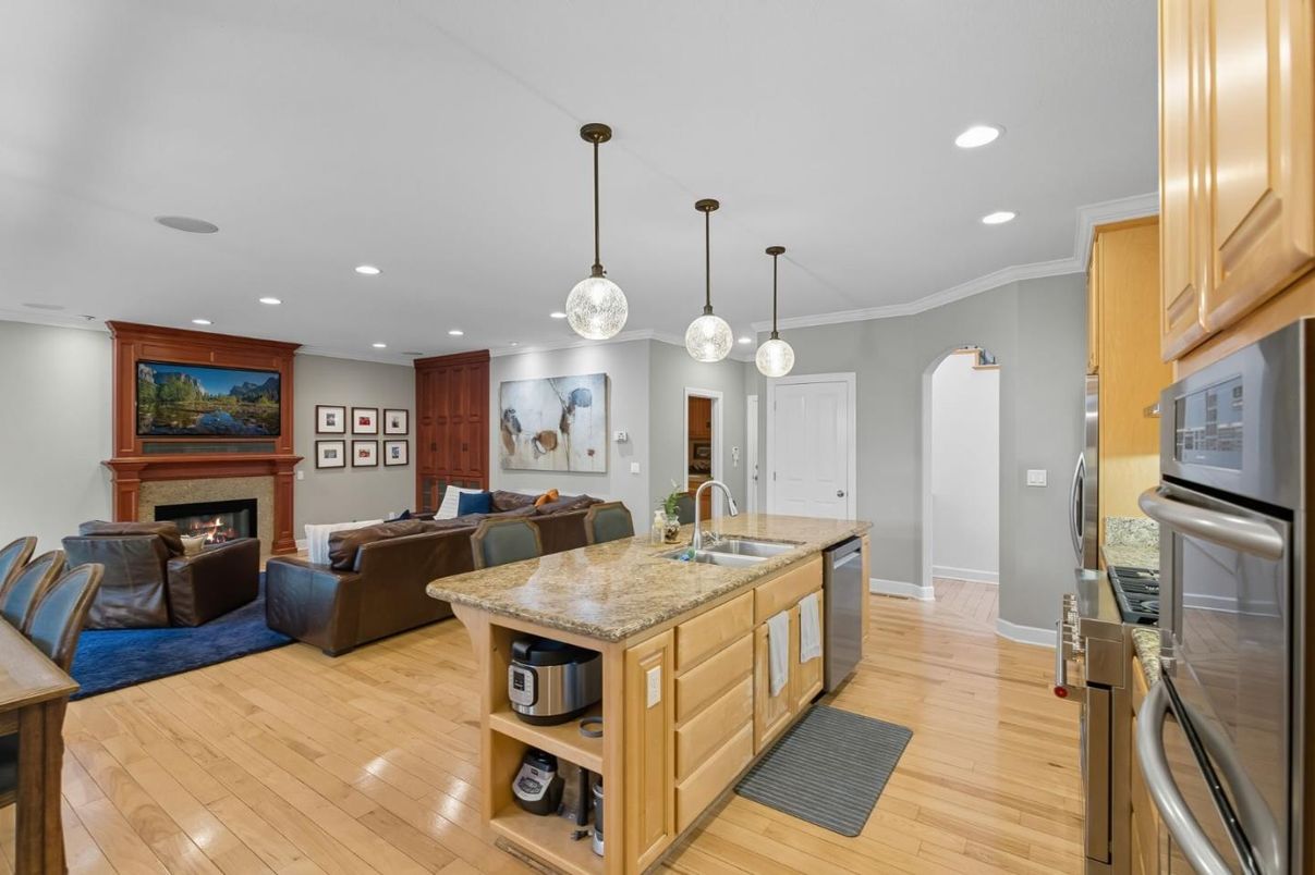 Fireplace, Interior, Kitchen, Living room, Pendant Lights, Recessed Lighting, Wood Texture Flooring