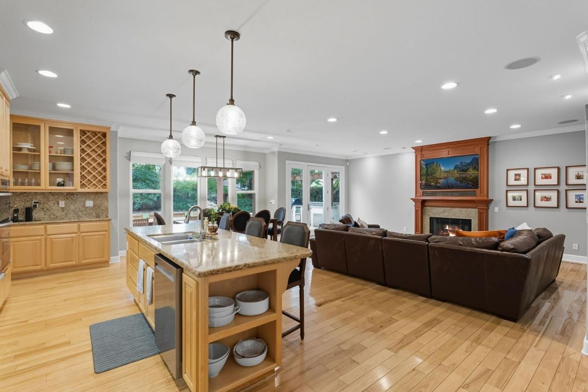 Dining room, Fireplace, Interior, Kitchen, Living room, Pendant Lights, Recessed Lighting, Wood Texture Flooring