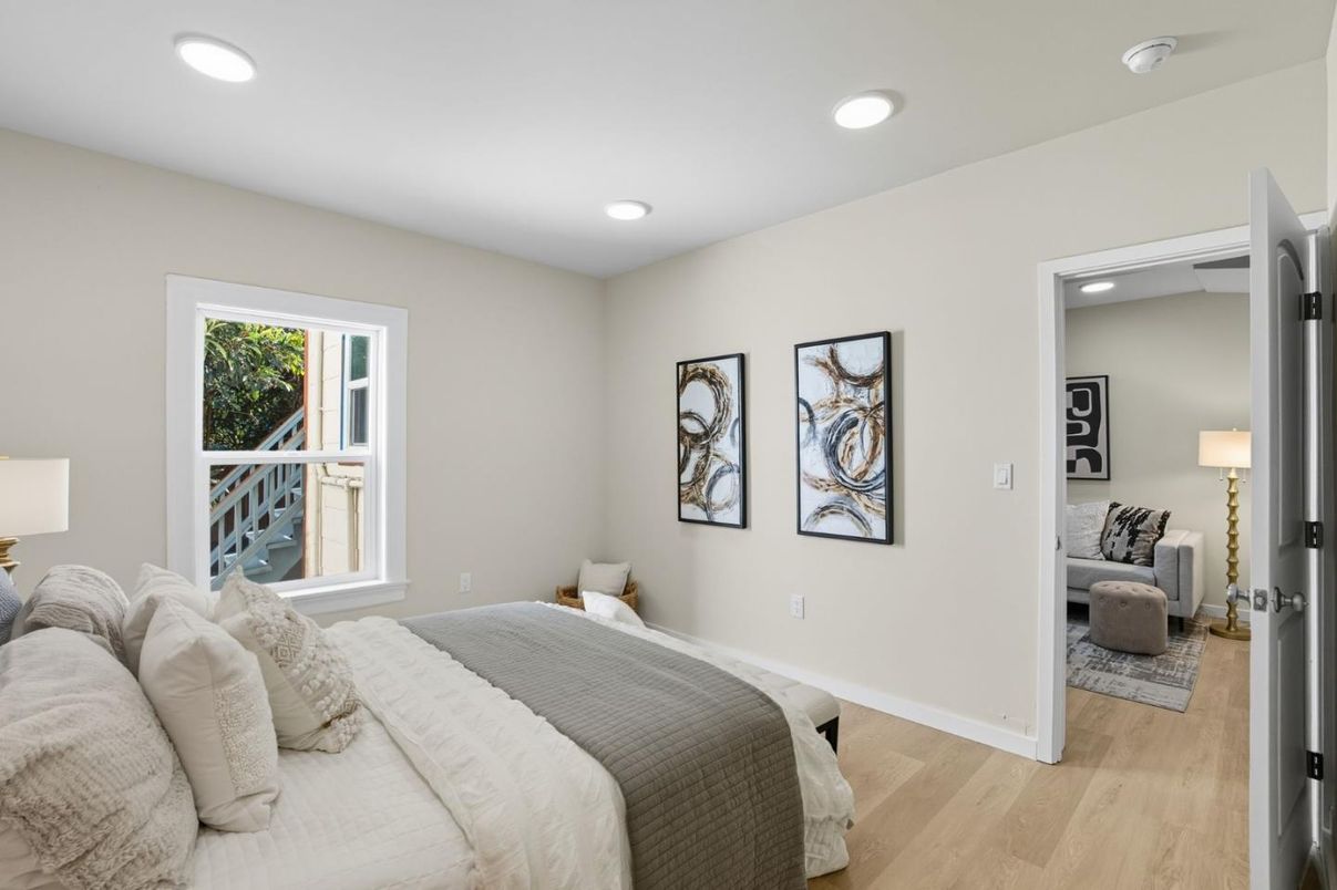 Bedroom, Interior, Recessed Lighting, Wood Texture Flooring